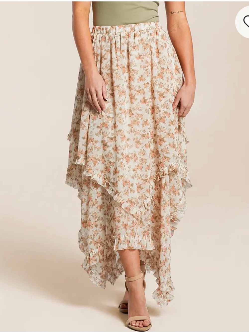 Boho Floral Ruffle High-Low Maxi Skirt - Beige Floral